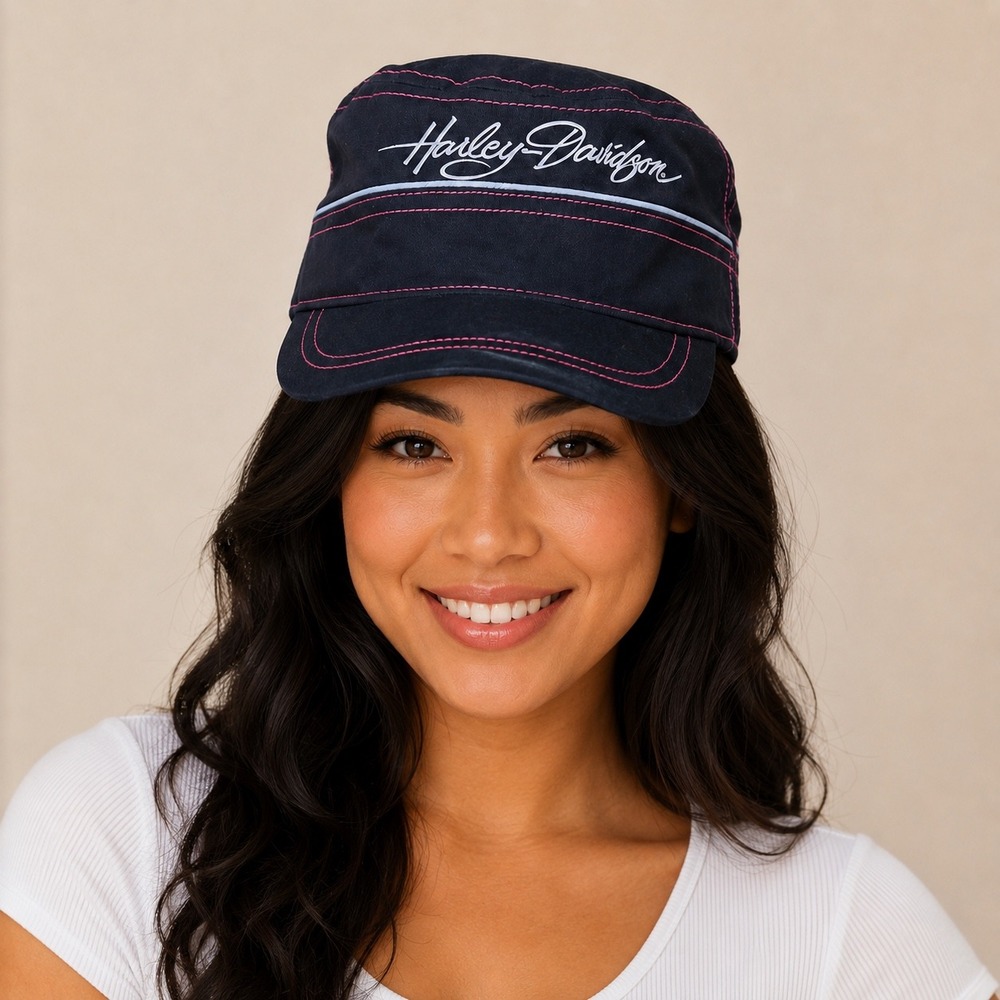 Harley Davidson Hat Women OS Black Pink Stitching Cadet Military Cap Biker